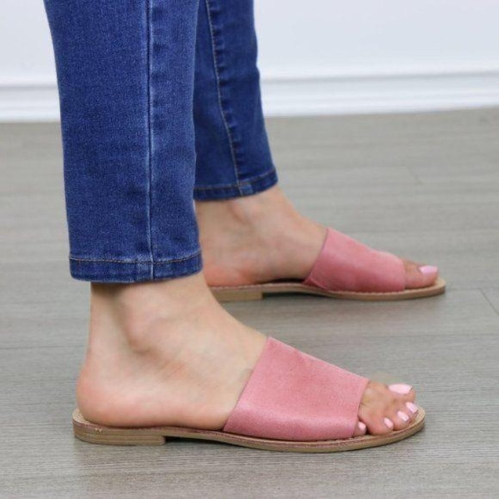 Suede Slip On Slider Pink Flat Sandals - Picture 5 of 7